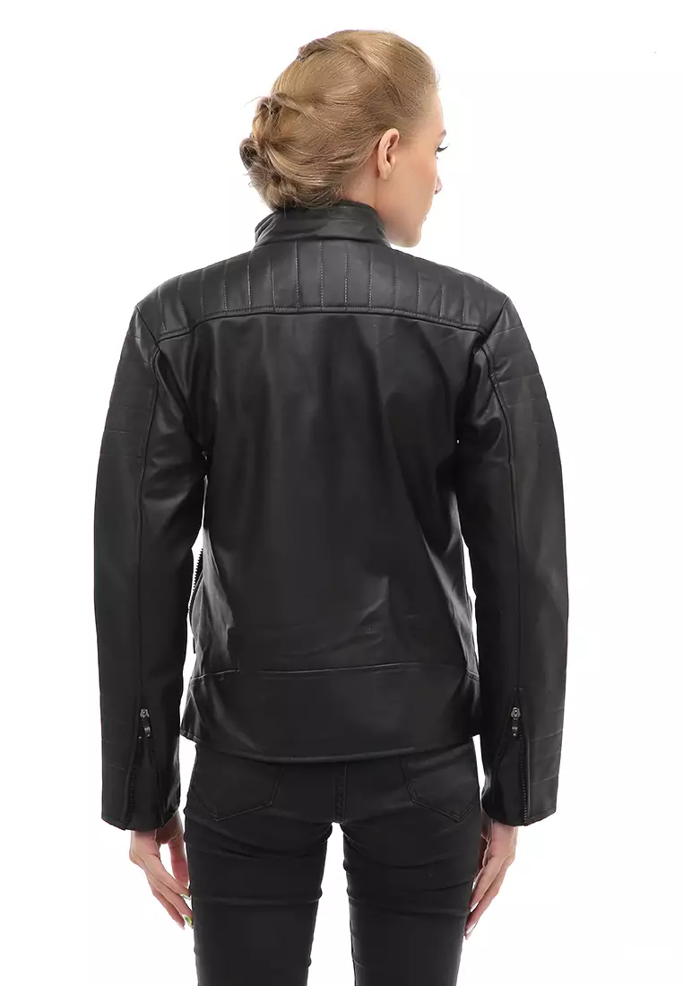 Glenice Jacket Outer Wanita Jaket Kulit Casual Simple Design Material Leather ORIGINAL - Black