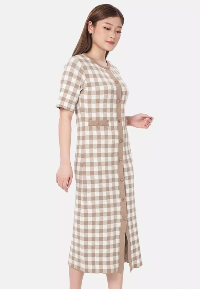 Checker Midi Dress in Brown