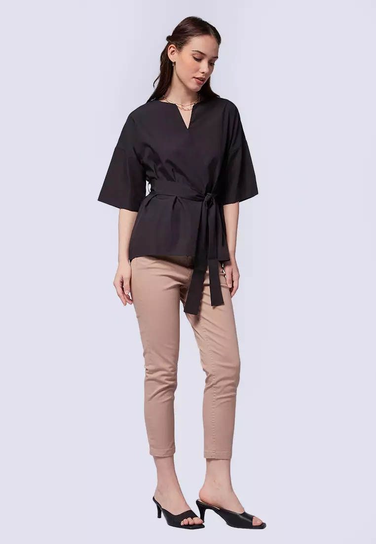 Jual Et Cetera V Neck Kimono Belted Blouse Black Original Zalora Indonesia