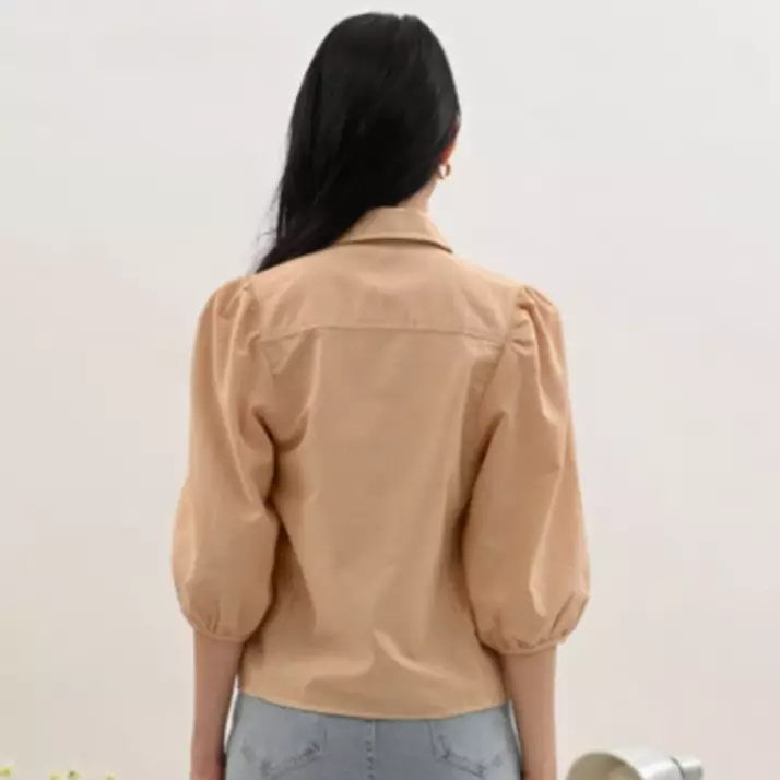 Rainbow Heart Button Puff Sleeve Shirt in Cream