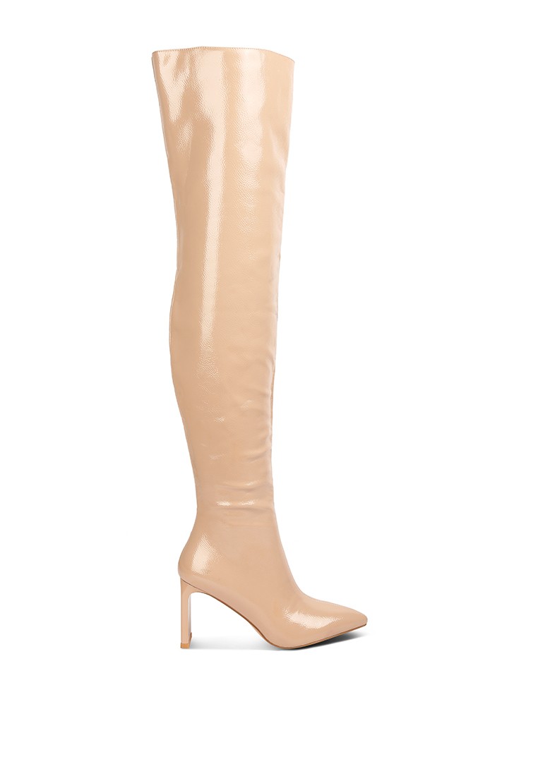 Beige Patent PU Statement Block Heel Long Boots