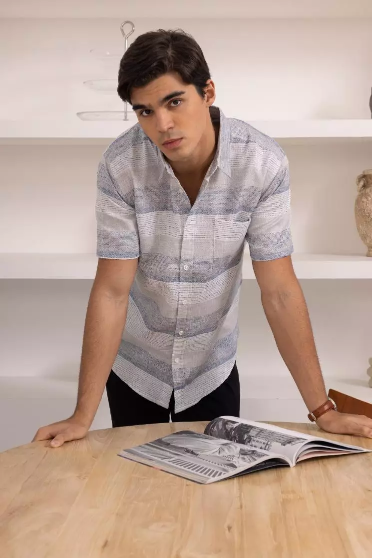 POLICE Kemeja Yarndyed Abu Cream Regular Fit Pria