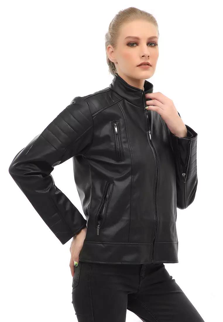 Glenice Jacket Outer Wanita Jaket Kulit Casual Simple Design Material Leather ORIGINAL - Black