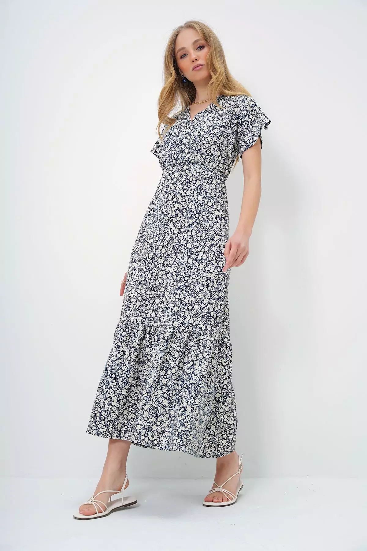 Navy Blue Patterned Maxi Short Classic Maternity Dress