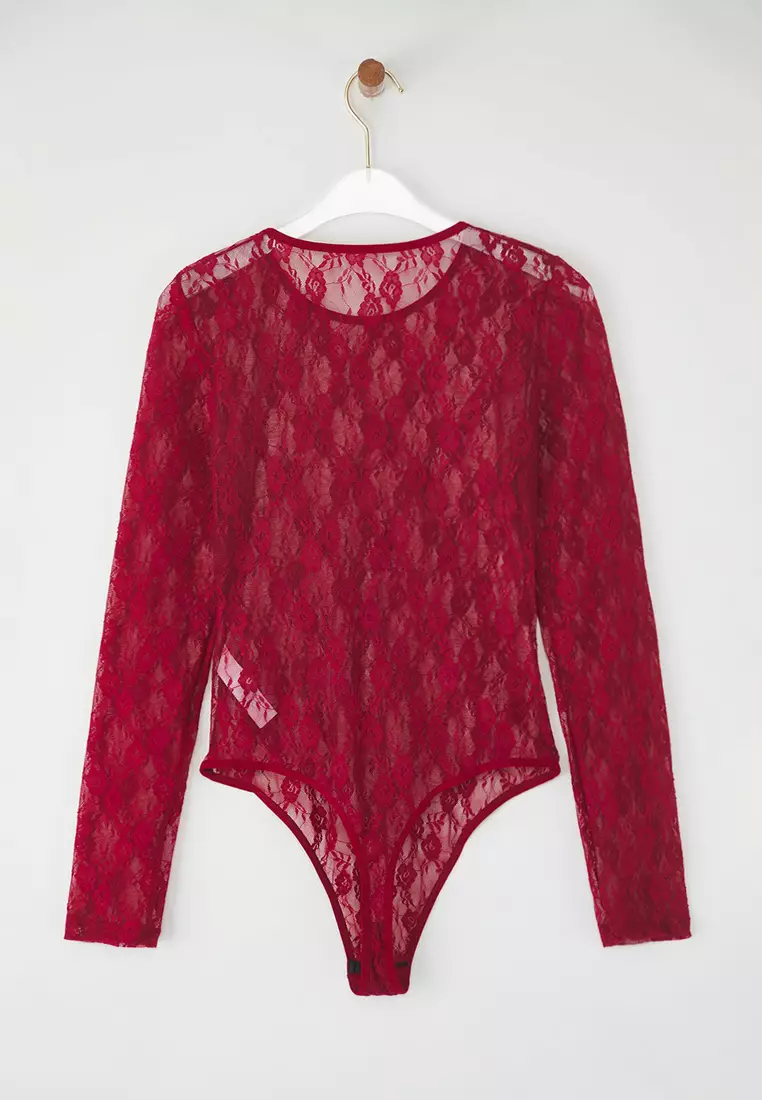 Claret Red Lace Openwork/Holeless Covered Snap Knit Bodysuit THMAW25BD00001