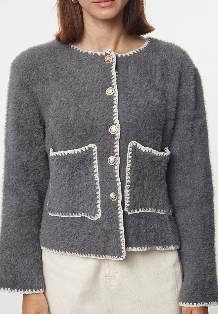 Anthracite Fluffy Soft Texture Jacket-Look Knitted Cardigan TWOAW25HI00009