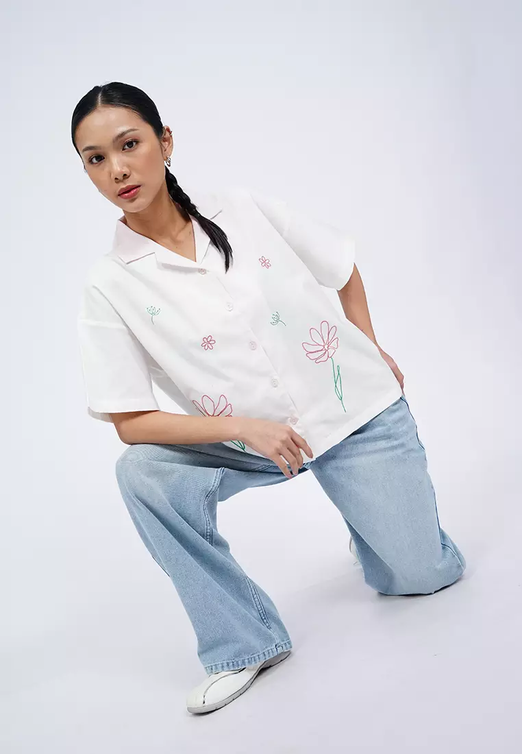 Embroidered Notch Collar Blouse