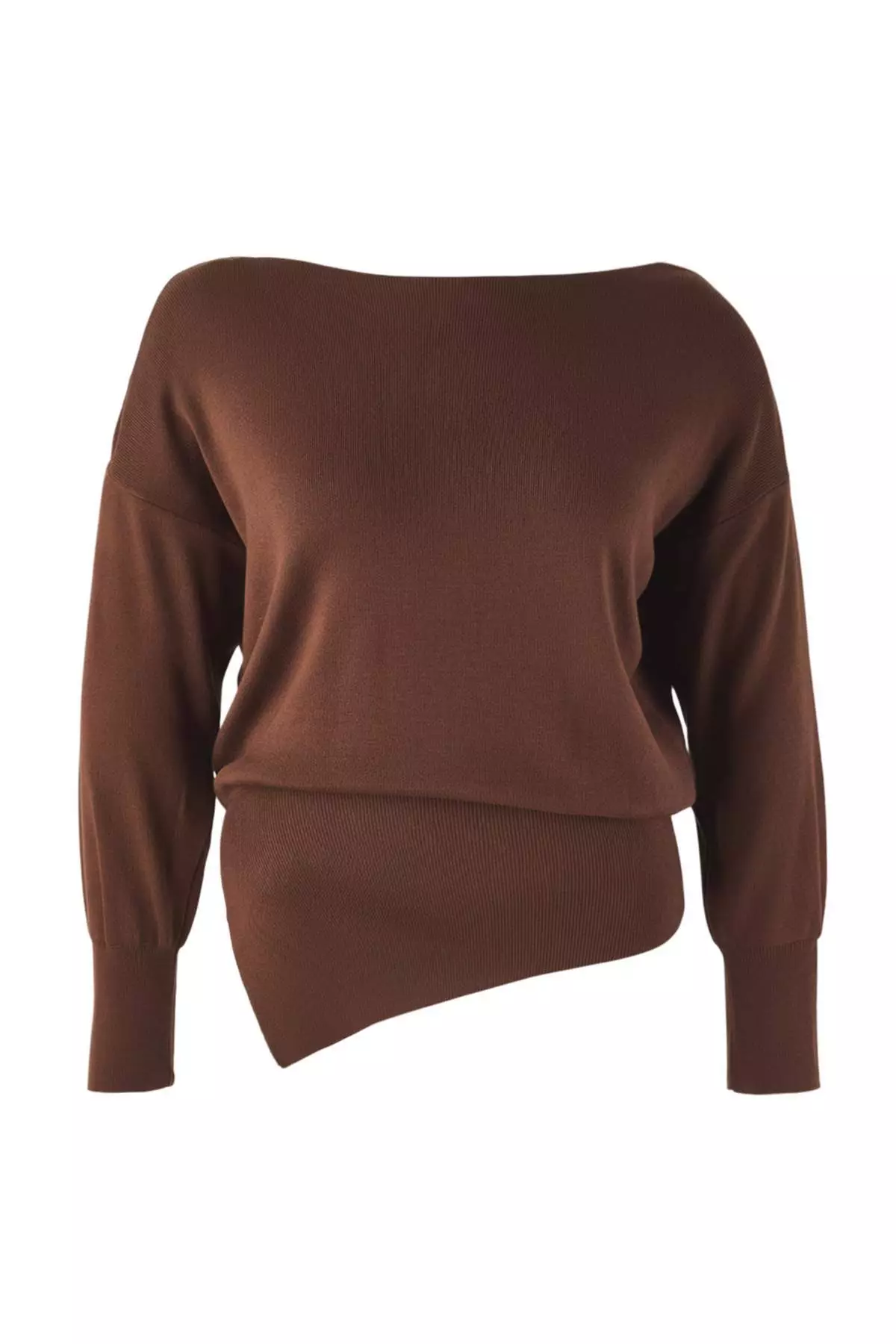 Brown Mercerized Look Boat Neck Slit Detailed Knitwear Sweater