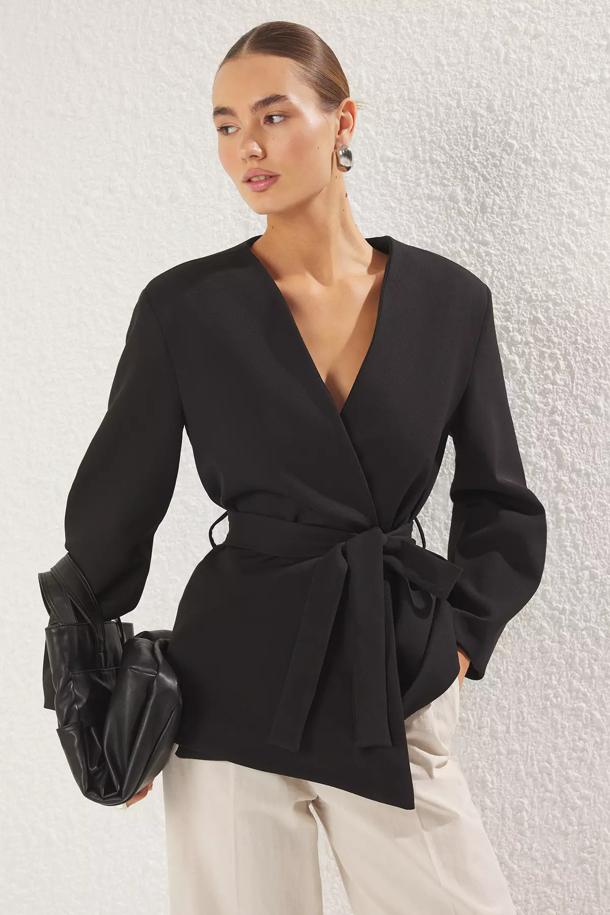 Black Double Breasted Tie Detail Woven Blazer Jacket TWOSS25BC00031