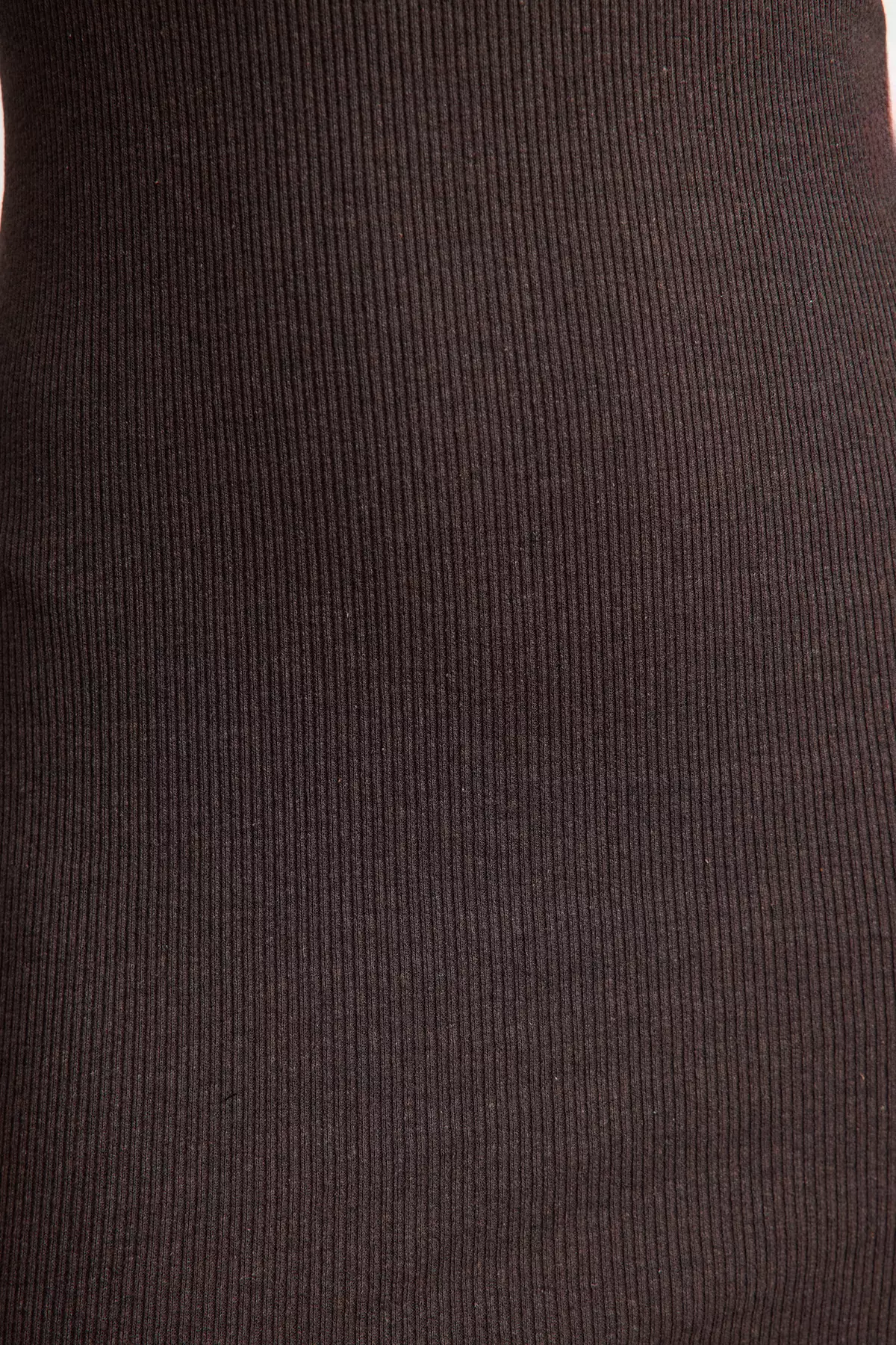 Stretchy Ribbed Knitted Mini Dress Brown Half Turtleneck