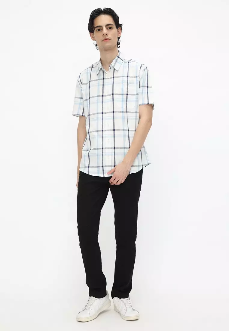 POLICE Kemeja Kotak Cotton Slub Putih Biru Regular Fit Pria