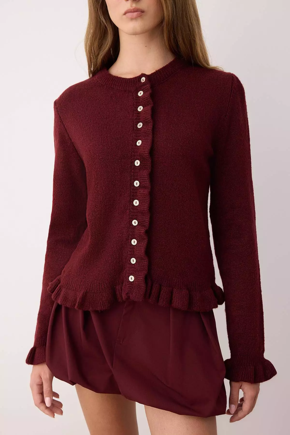Burgundy Button Detailed Soft Textured Knitwear Cardigan