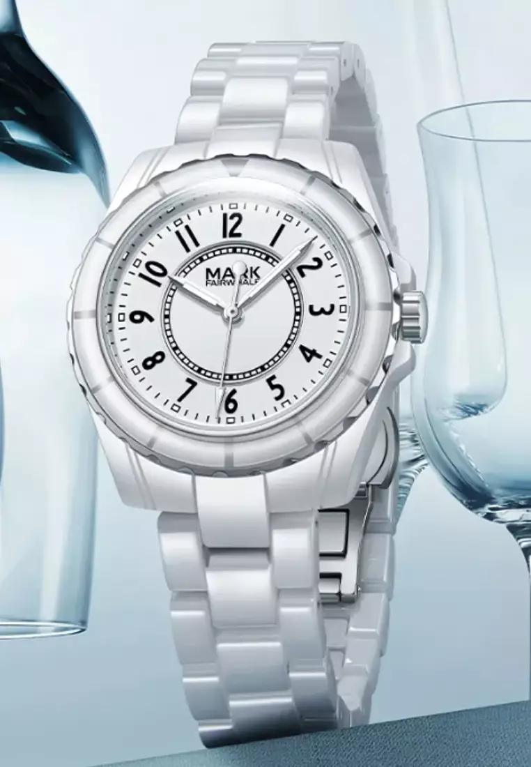 女士白色陶瓷石英手錶，36毫米，白色錶盤，陶瓷手鍊