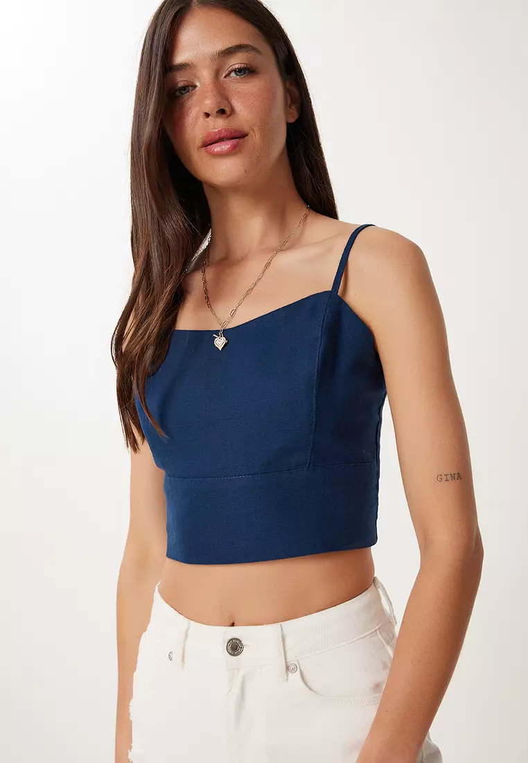Women's Navy Blue Strap Crop Linen Blouse Mx00219