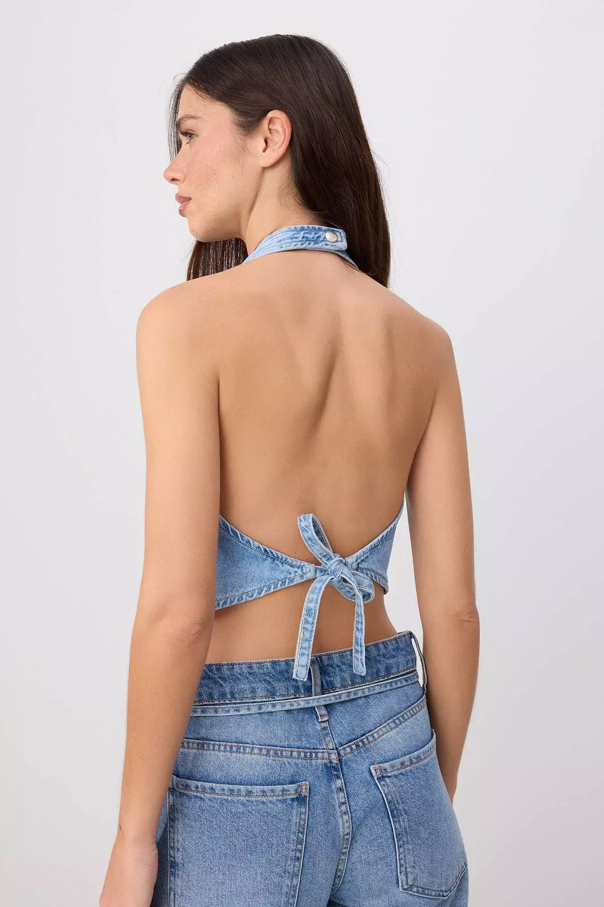 Blue Halter Neck Crop Denim Blouse Twoss26Bz00833