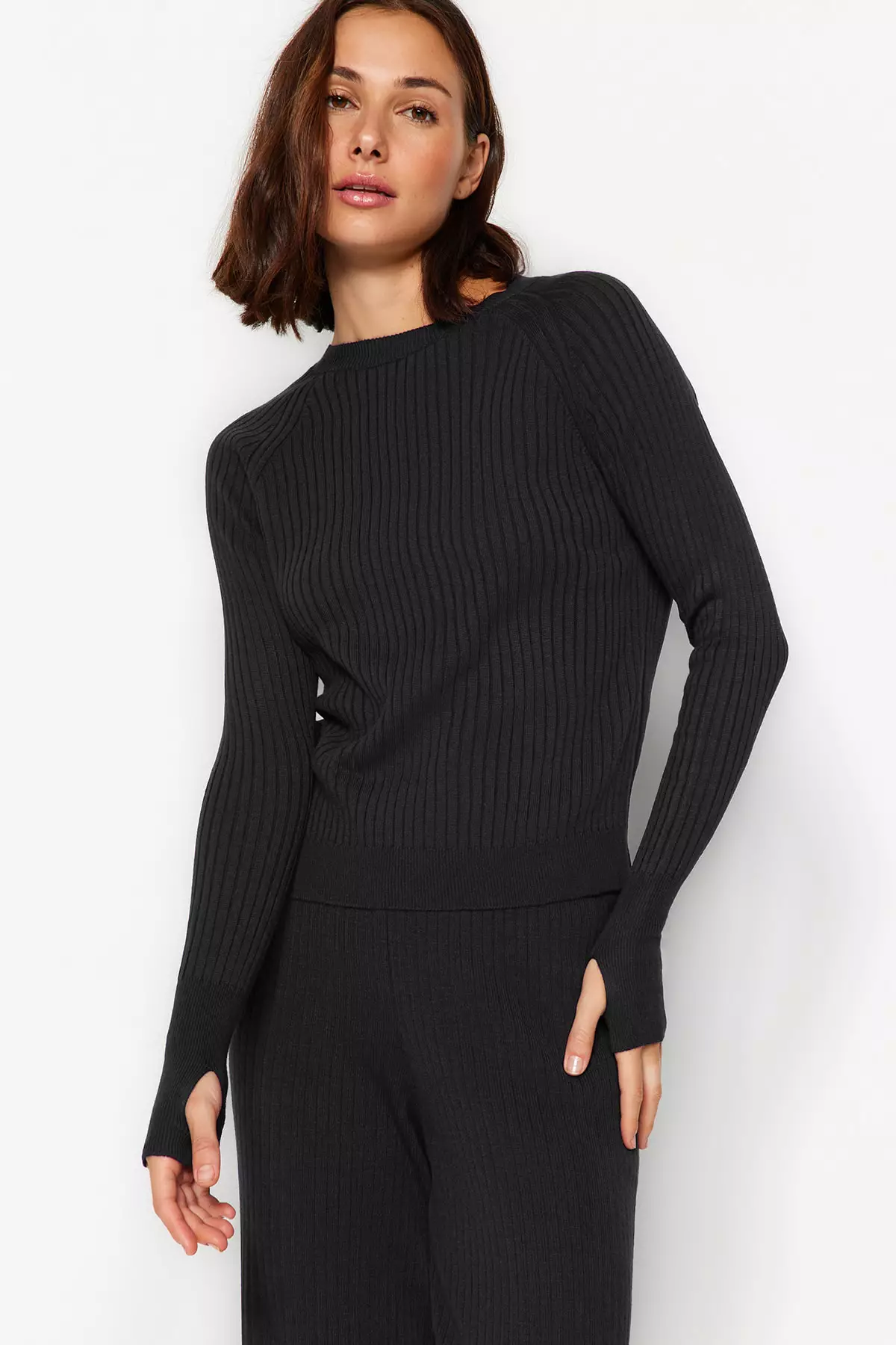 Anthracite Stone Basic Finger Detailed Knitwear Bottom-Top Set Twoaw24Au32