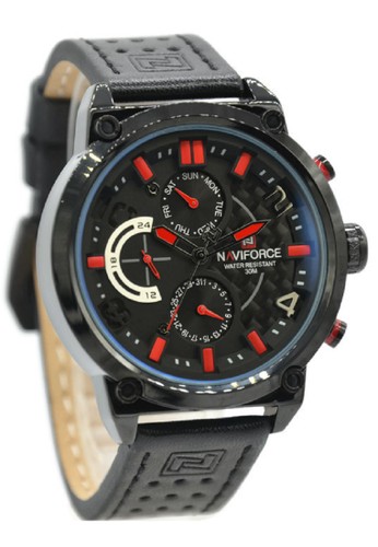 Naviforce NF9068M Jam tangan Pria Leather Strap Hitam Jarum Merah
