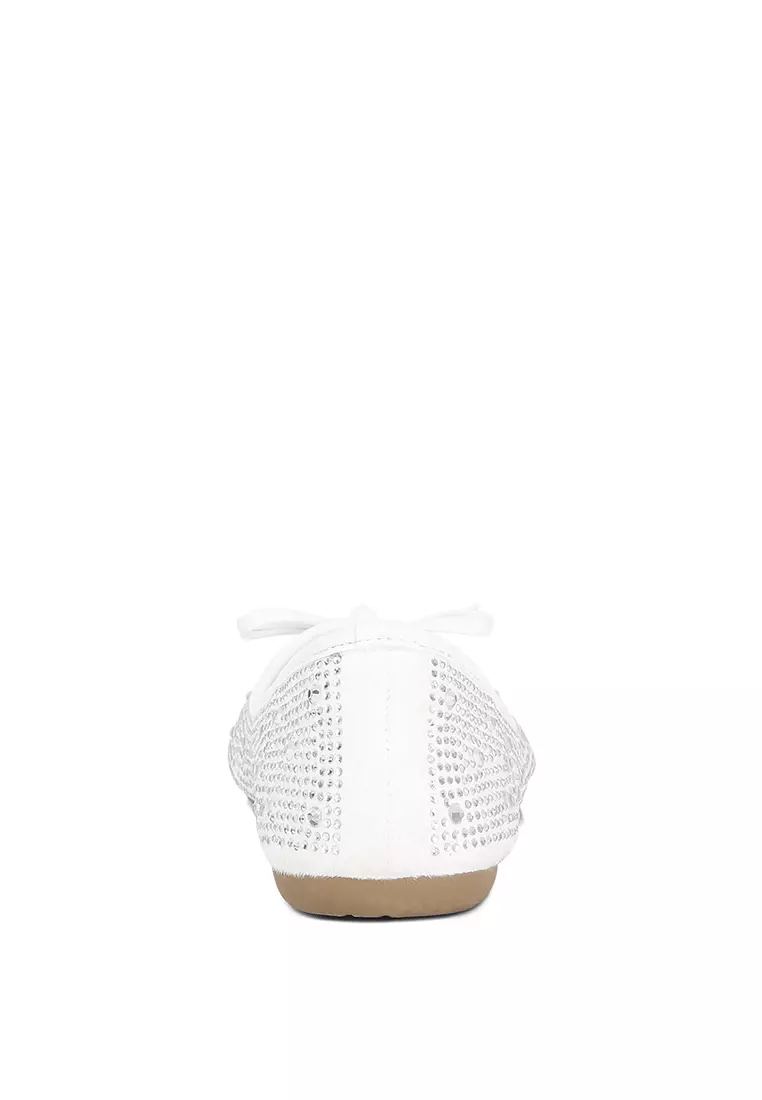 Off White Rhinestones Embellished Ballet Flats