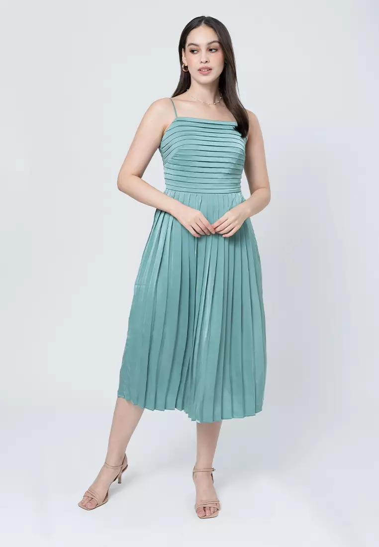Tania Sleeveless Satin Pleated Dress
