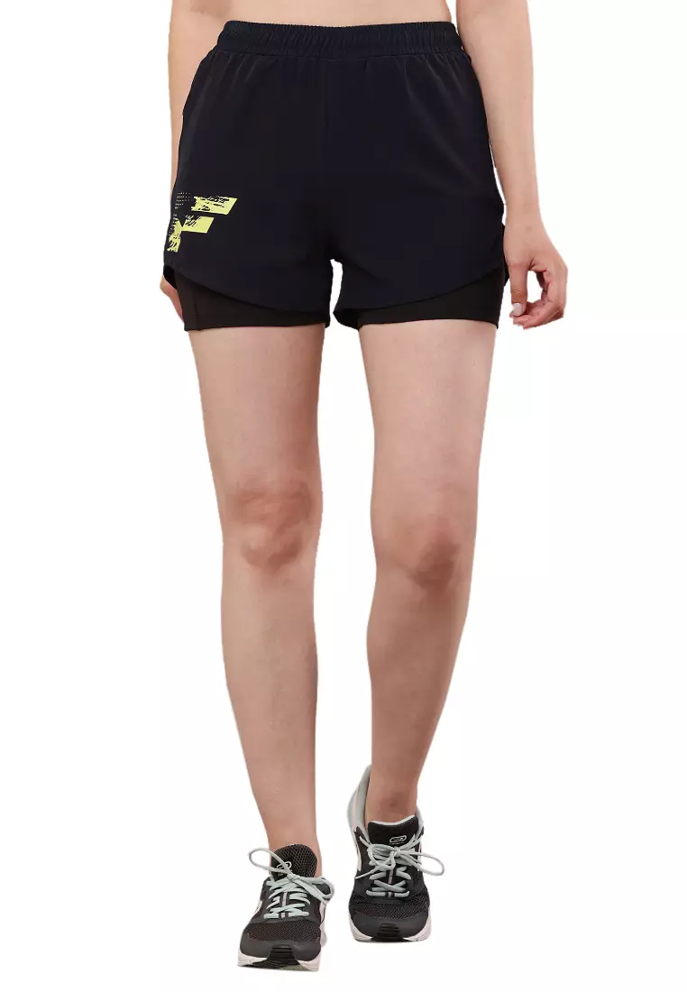 女式蓝色训练/健身房双层短裤