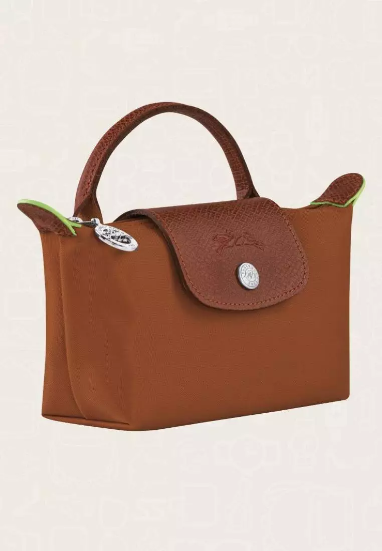 Longchamp Le Pliage Green Pouch With Handle Cognac