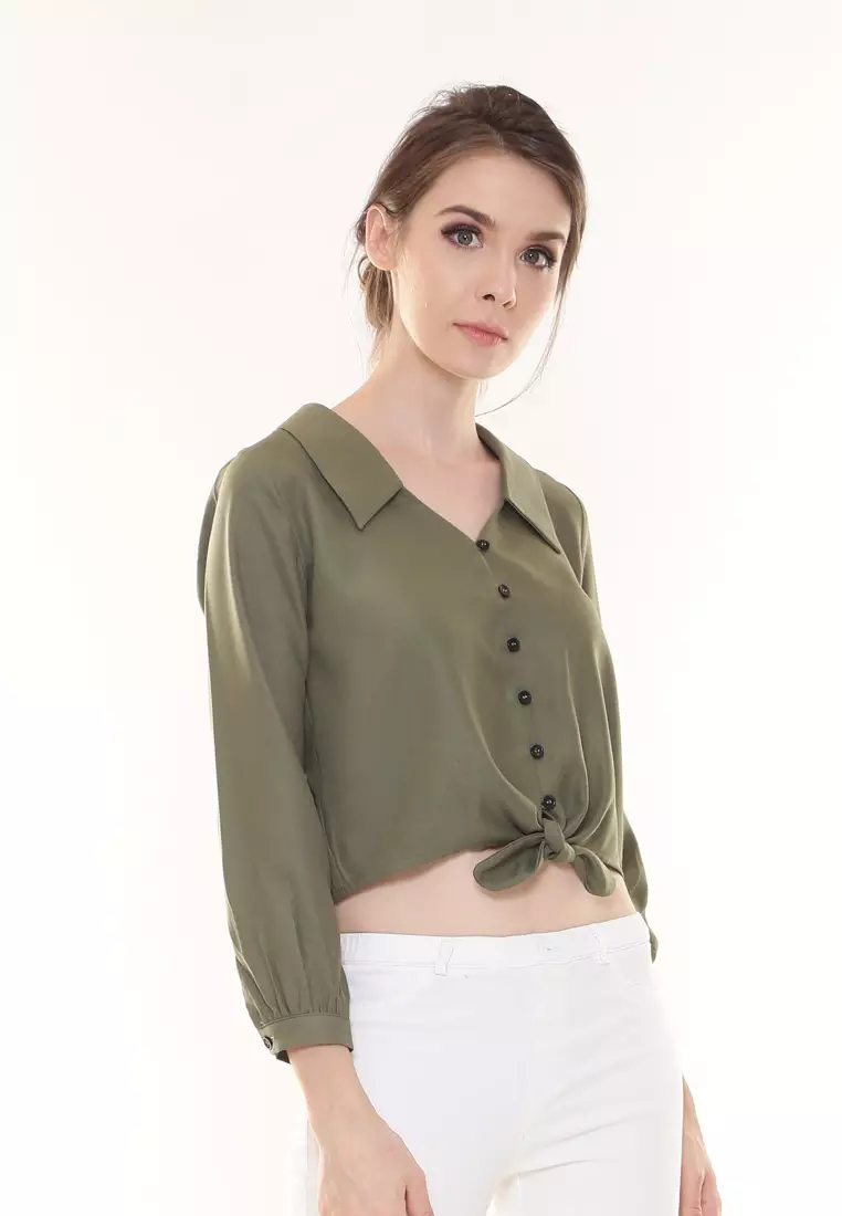 Evelyn Top Button Ribbon Tied up in Olive Green