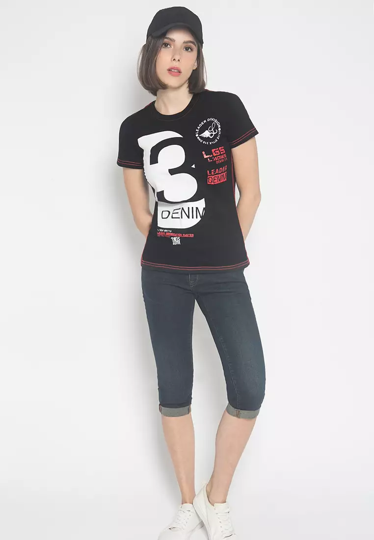 LGS Kaos Casual Wanita Lengan Pendek Hitam Sablon LTS.555.T892M.018.C