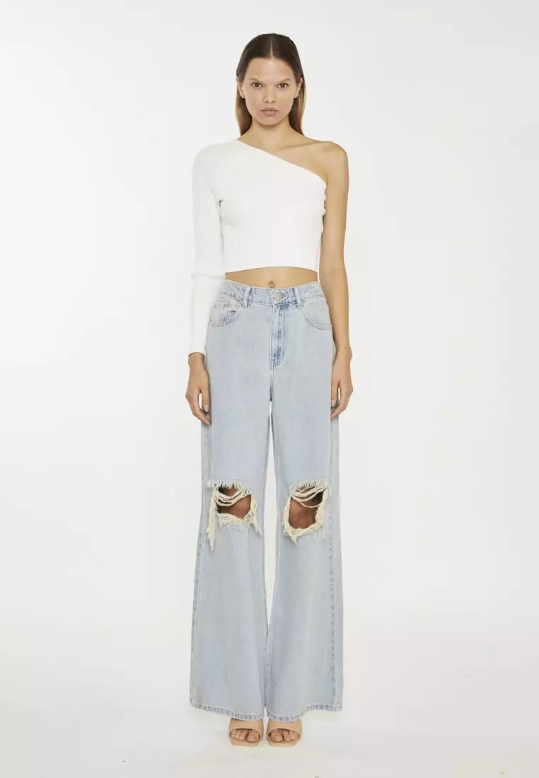 Wide-Leg Ripped Knee Jeans