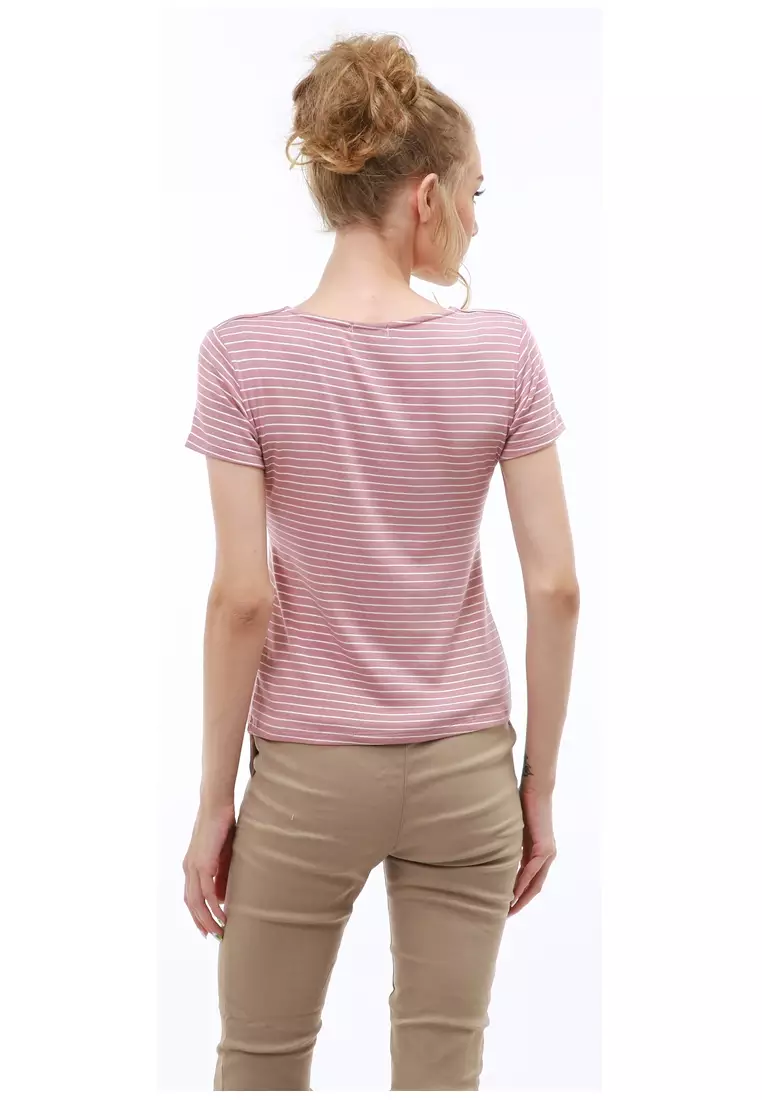 Genevie Blouse Kasual Wanita Lengan Pendek Model Salur Variasi Kerut Tengah Material Cotton ORIGINAL - Pink