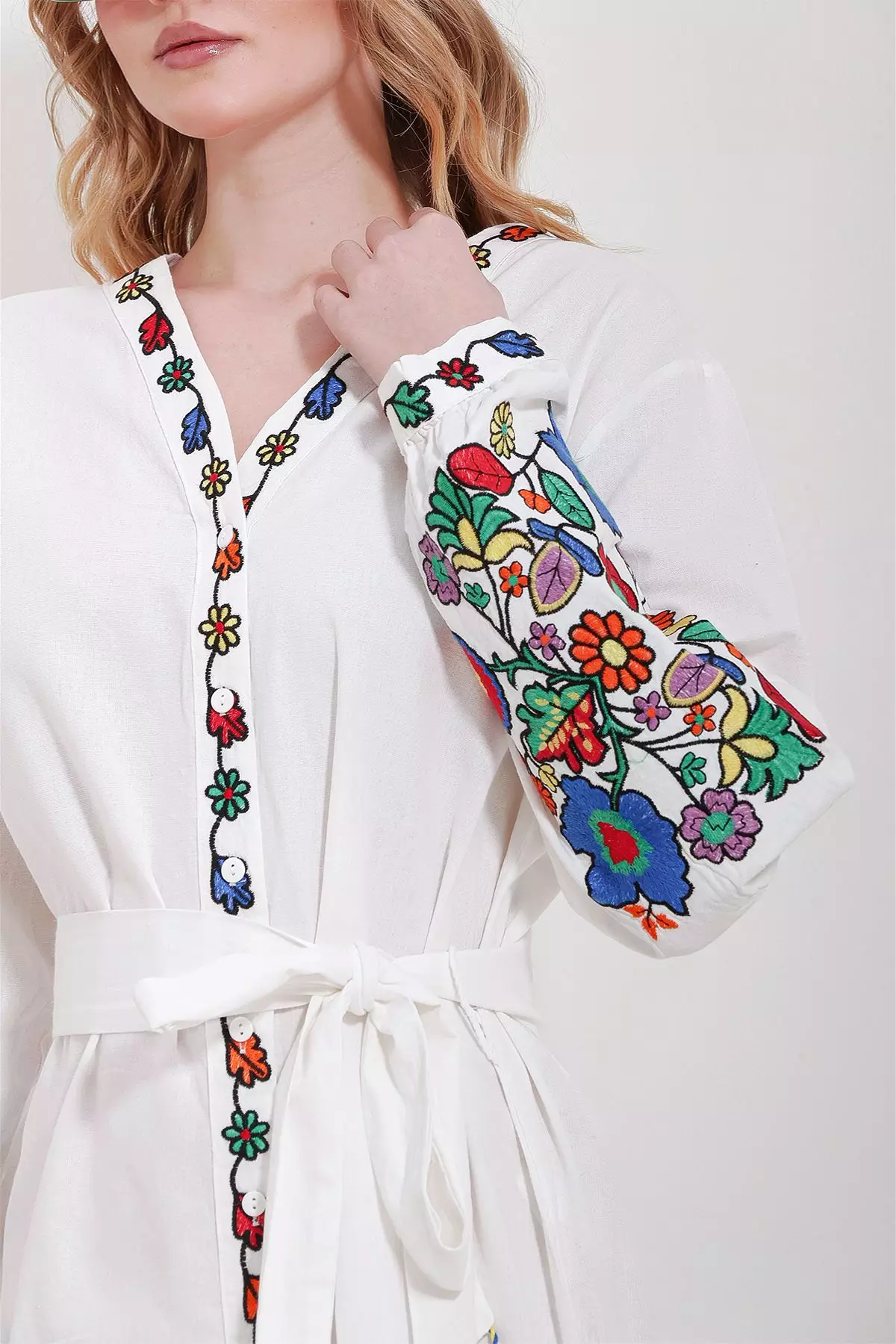 Women's White V Neck Full Embroidery Lined Woven Dress