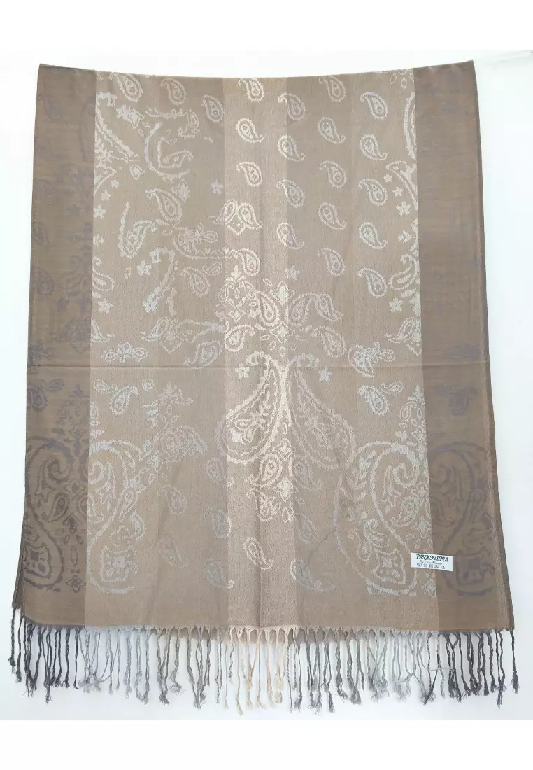 Aksesoris Wanita Reversible Viscose Gradient Paisley Pattern Pashmina Shawl Syal Gradasi Wanita Beige Tan