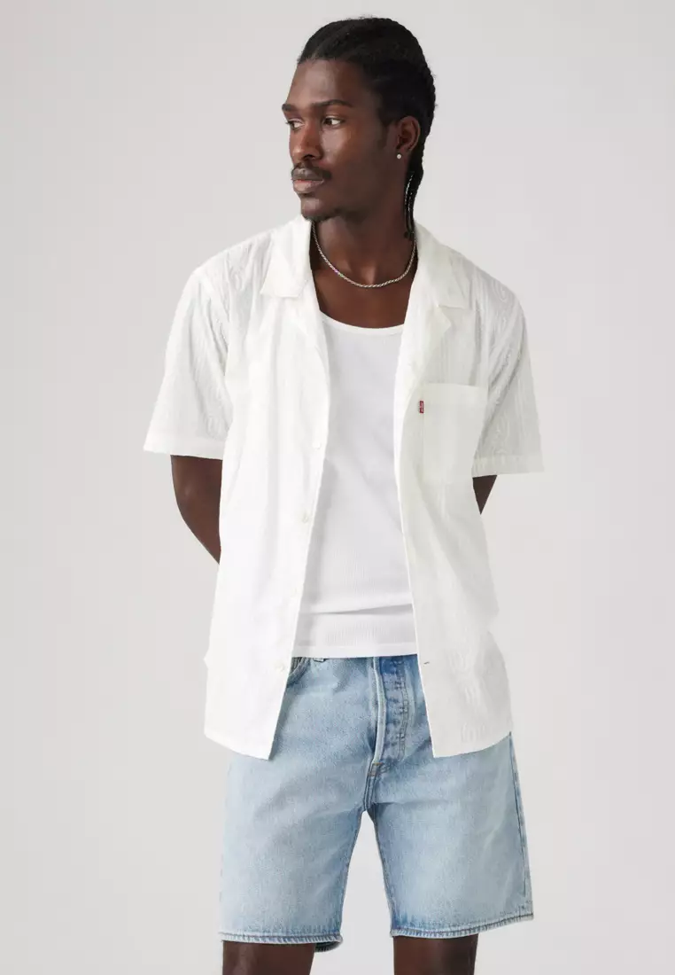 Tシャツ・カットソー   Men's White Denim Camp Short Sleeve Shirt J3257 Calvin Klein Jeans Camp Short Sleeve Denim Shirt - White | Very