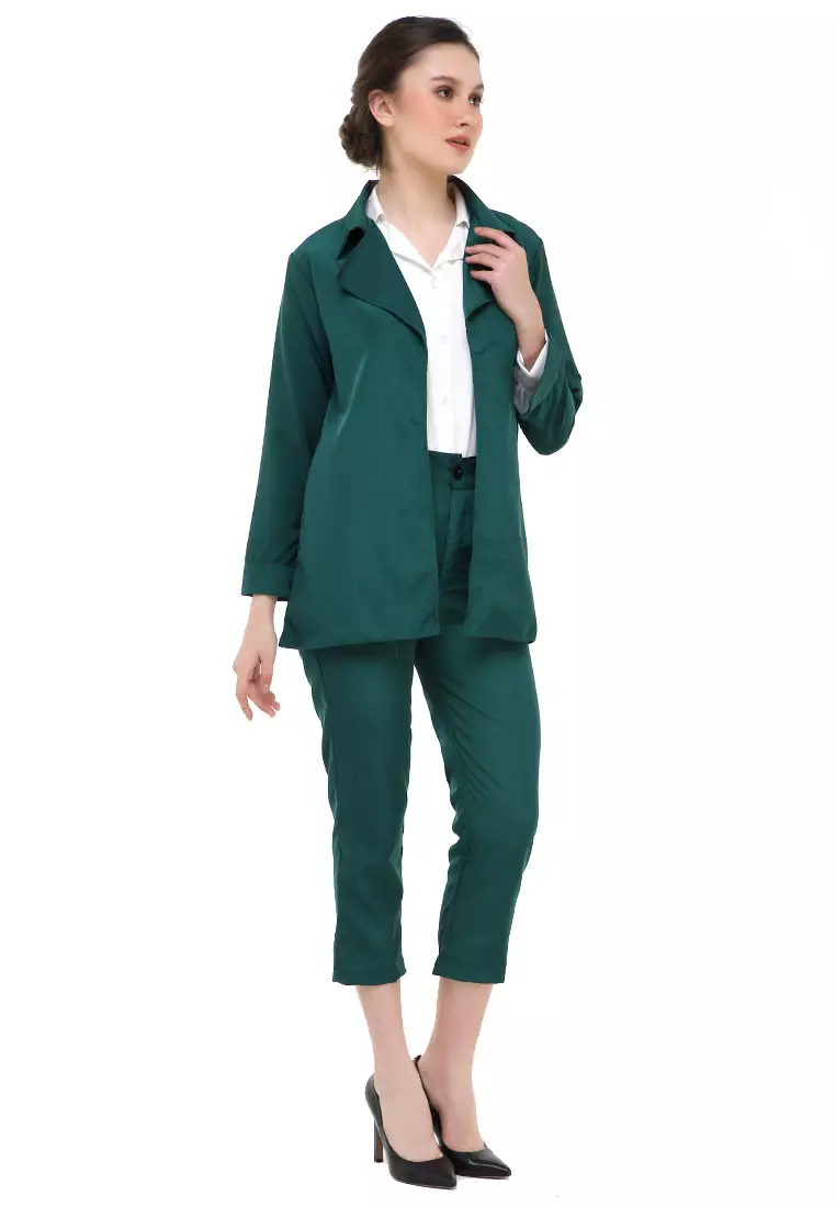 Nicrely Setelan Blazer Wanita One Set Longsleeve Suit Zipper Pant Material Twiscone ORIGINAL - Army