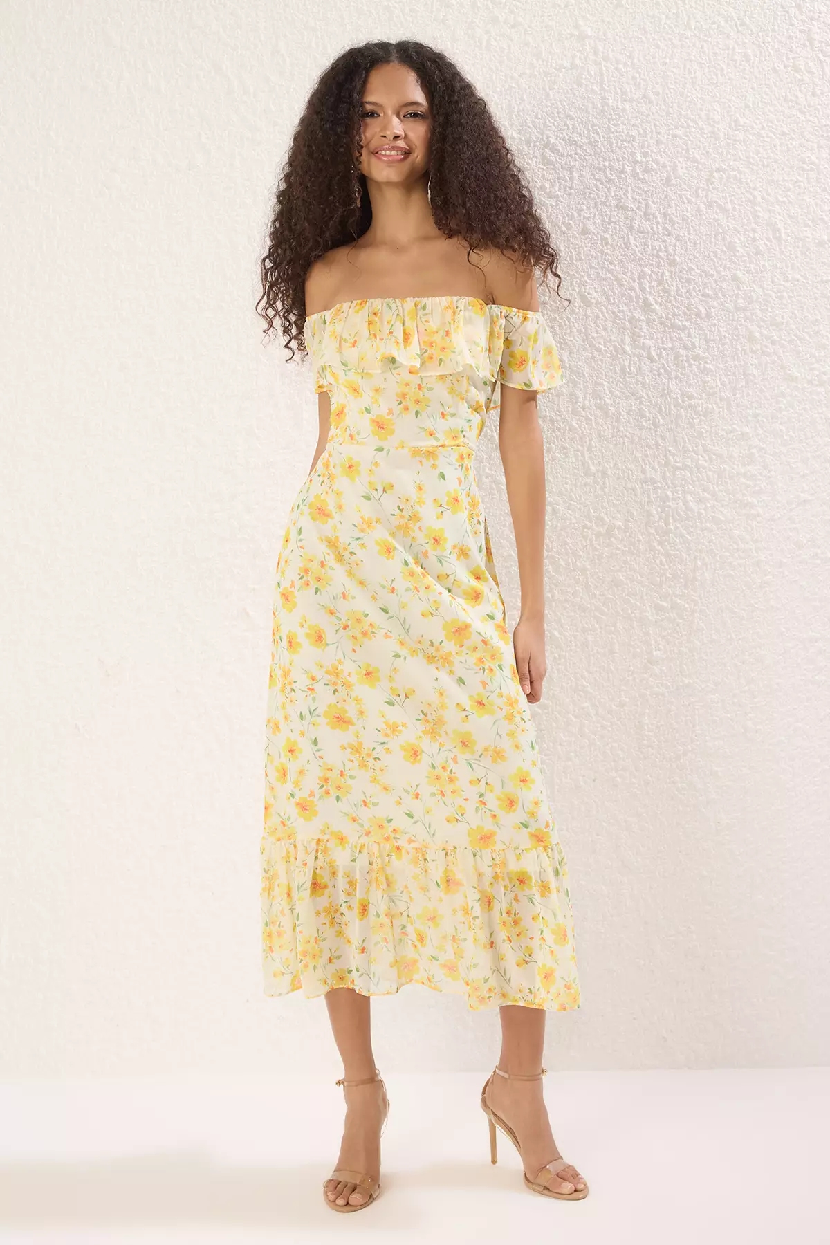 Yellow Floral Skirt Waist Opening Ruffle Chiffon Flight Flight Midi Dress