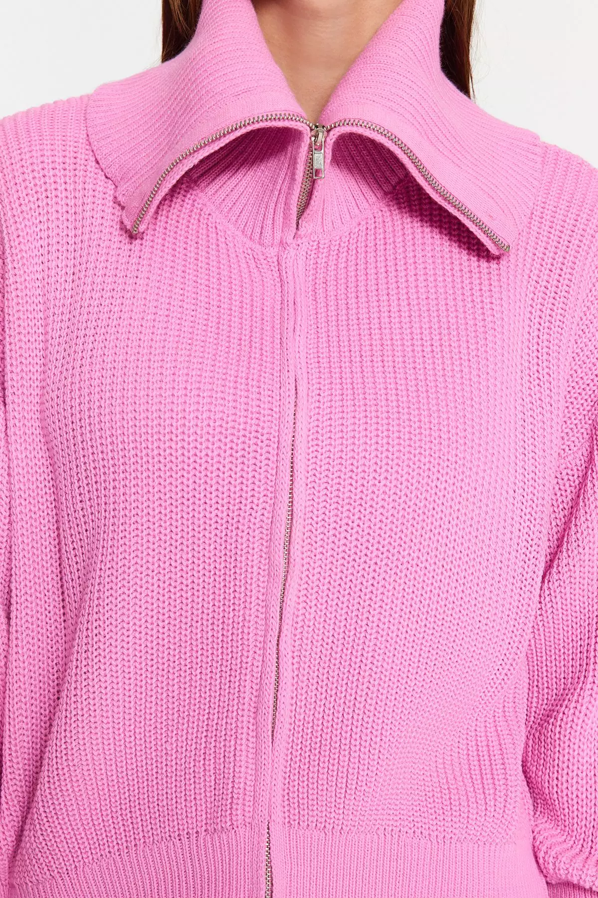 Pink Wide Pattern Turn-down Collar Zippered Knitwear Cardigan TWOAW24HI00072