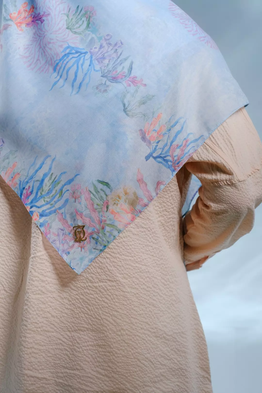 PELAGIA Scarf Powder Blue - Kerudung Hijab Segiempat Motif With BOX - Bahan Nesla - Ukuran 115x115