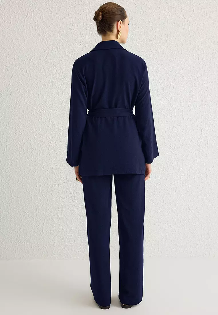 Navy Blue Belted Double Breasted Shirt-Pants Woven Bottom-Top Set TCTSS25US00001