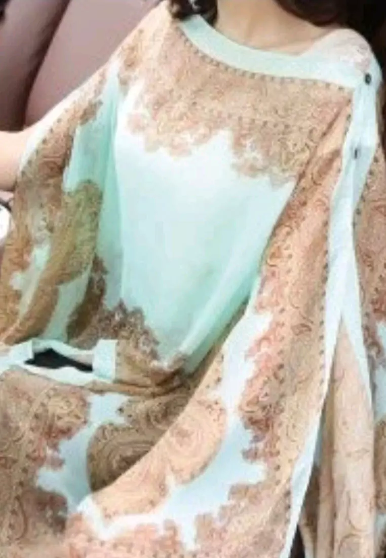 Aksesoris Wanita Victorian Print Multipurpose Scarf & Outer Poncho Style Syal Outer Wanita Mint Green