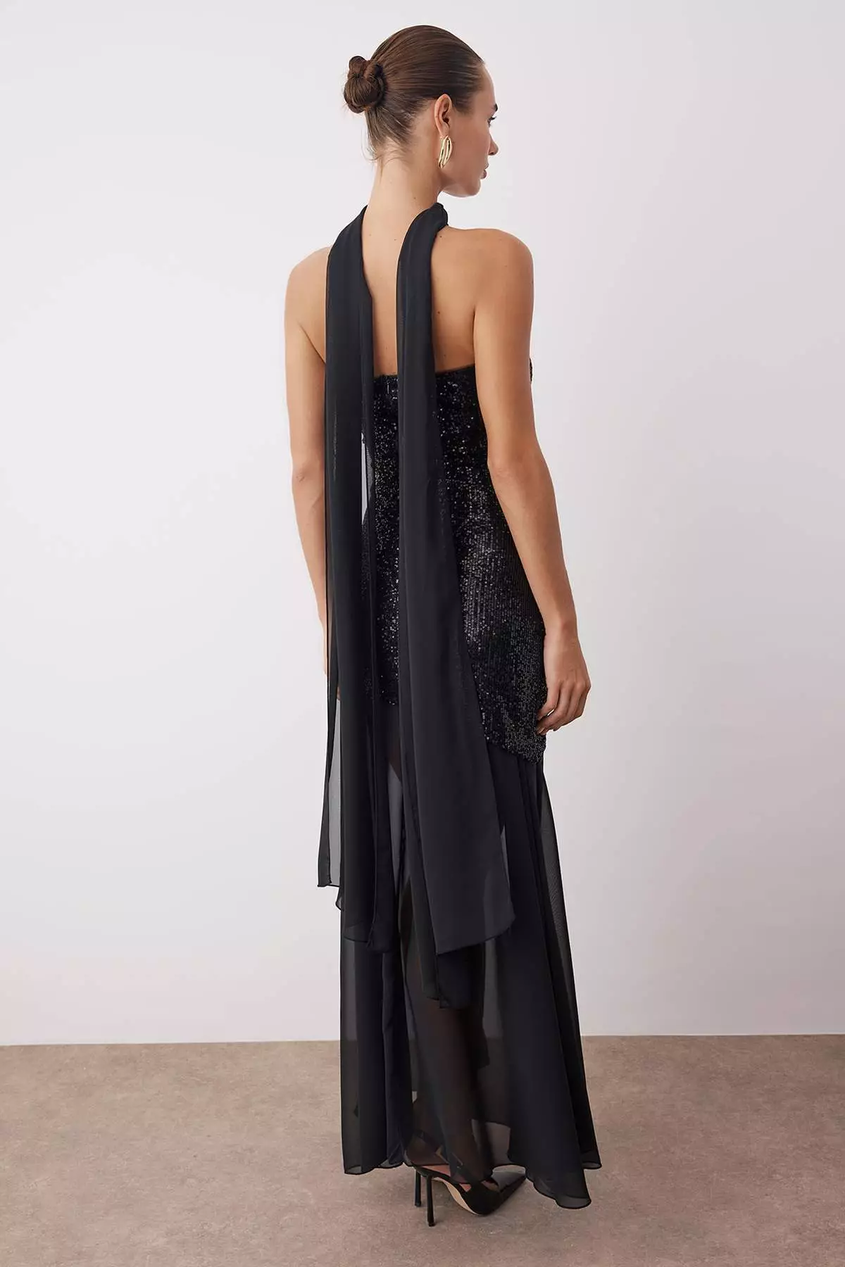 Black Shawl Detailed Sequin Fabric Woven Maxi Evening & Graduation Dress