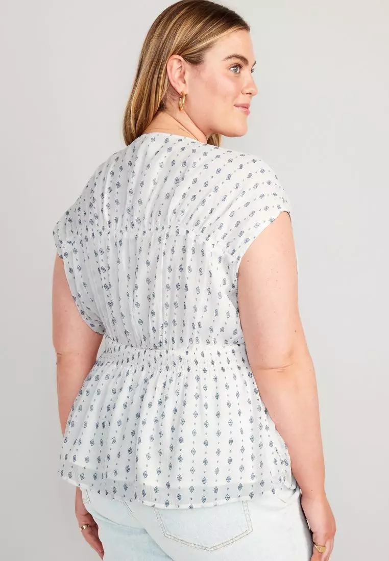 Waist-Defined Printed Dolman-Sleeve Top