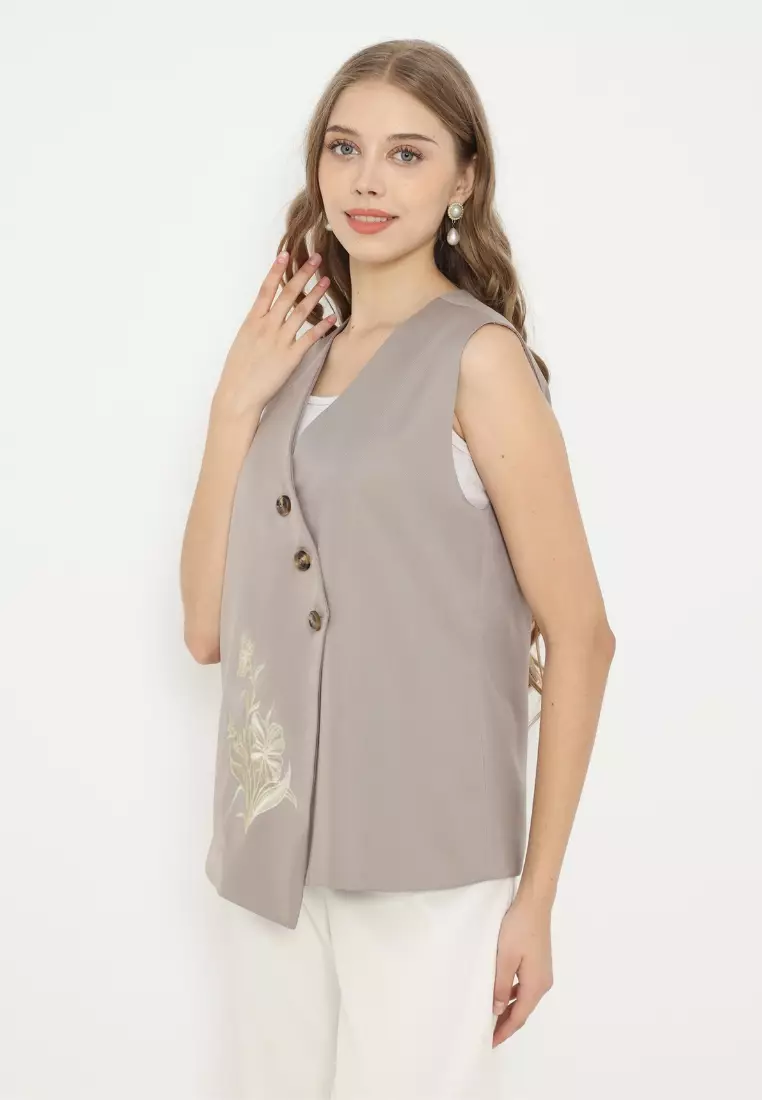 Vest Asymetrical With Floral Embroidery In Mocca By Brilliant Girl Warna MOCCA