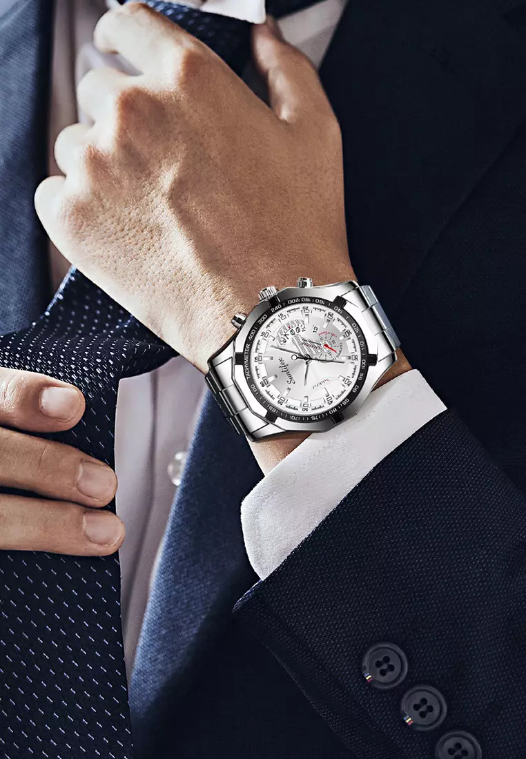 Jam Tangan Pria 9094 Original Kuarsa Kalender Tali Stainless Steel Jam Tangan Cowok(Kotak + Kartu Garansi) silver white