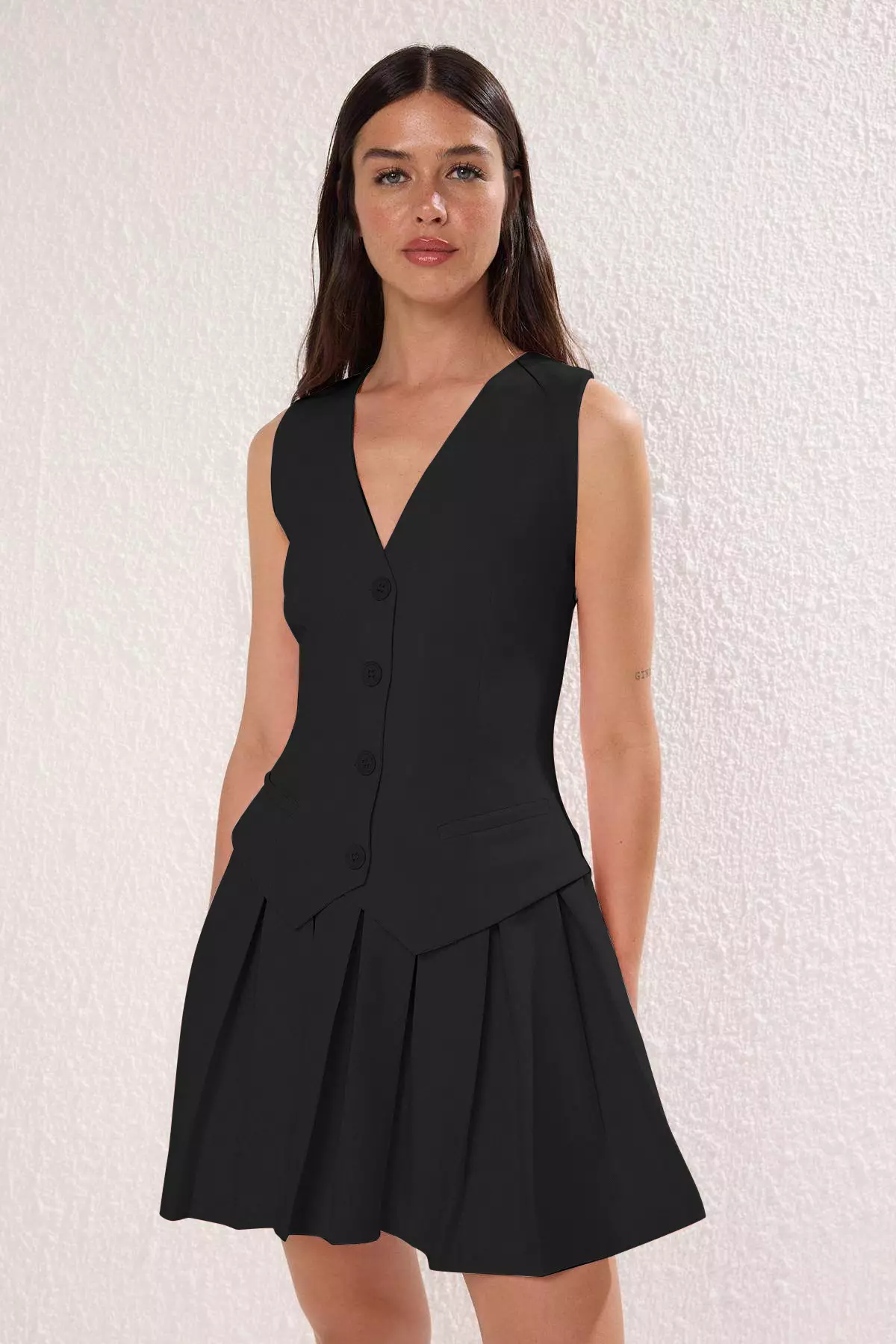 Black Plain Pleated Short / Mini Woven Dress Twoss25El00866