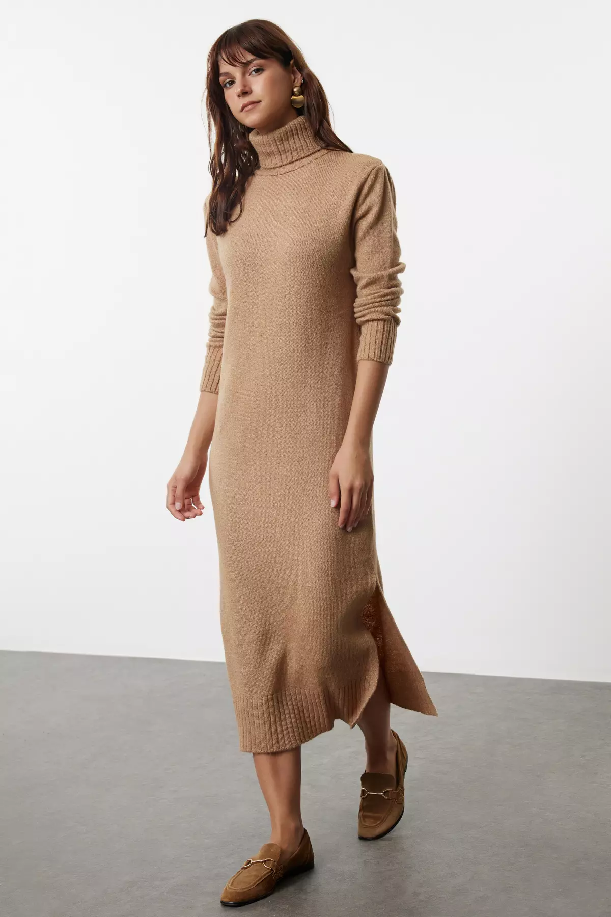 Camel Midi Wide Fit Soft Texture Knitwear Dress