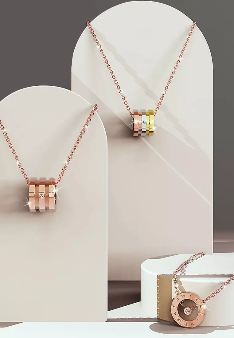 Roman Numerals Halo Pendant Necklace in Rose Gold Plated Titanium with Genuine 0.005ct Diamond