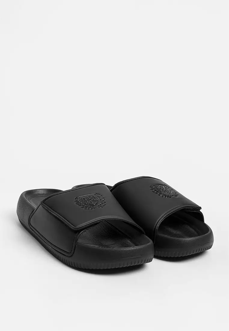 Men's Textured Sole Slides with PU Band and Embossed Crest
