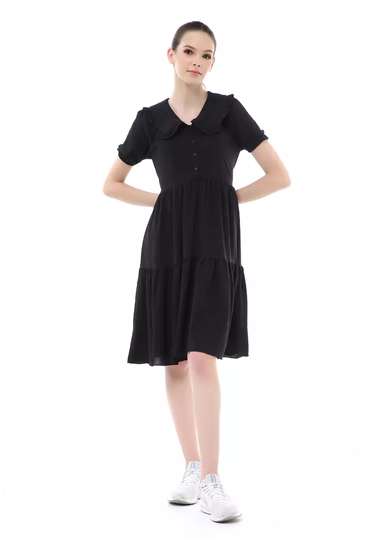 Rachel Dress Rample Wanita Collar Vintage Button Layer Trap Lengan Pendek Material Cey Flow ORIGINAL - Black