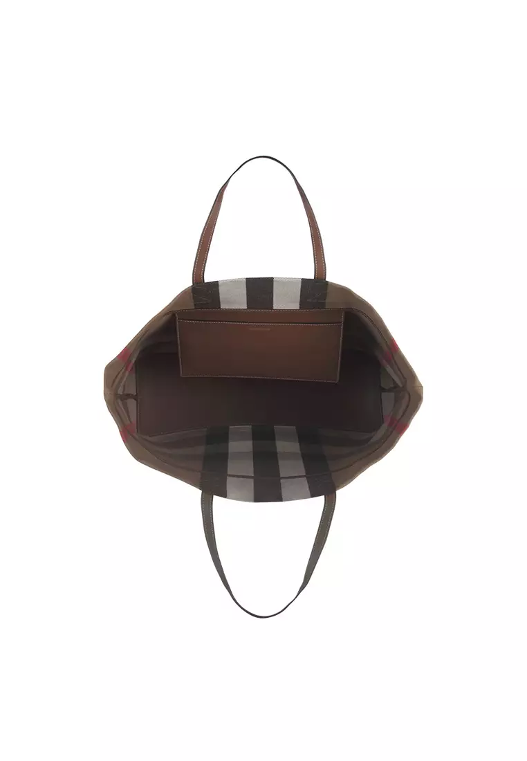 London Tote Check Canvas & Leather Bag in Taupe Brown 80840471