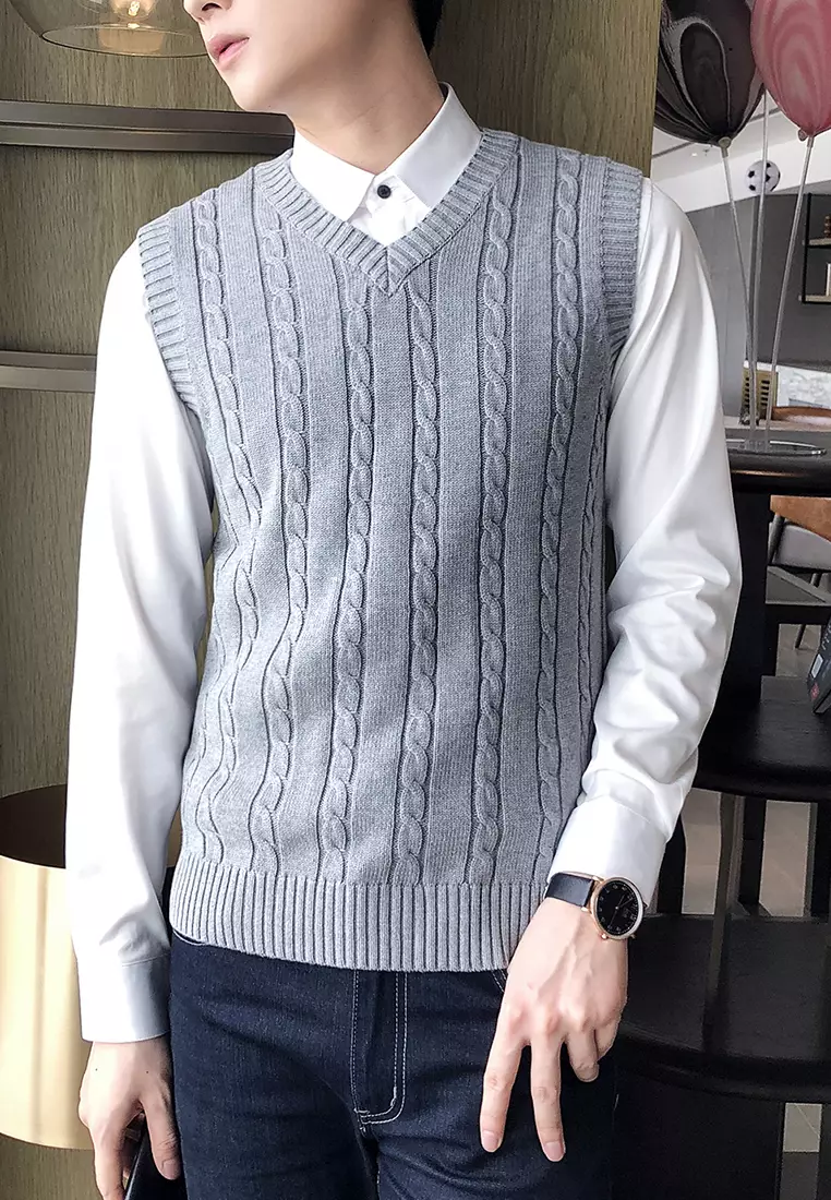 V-neck Jacquard Knitted Vest XH1823