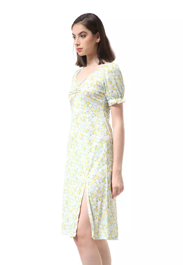 Rachel Dress Wanita Lengan Karet Flower Motive Model Belah Samping Material Cotton ORIGINAL - Green